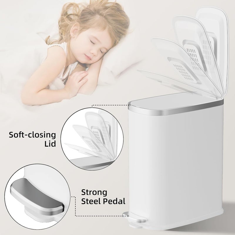 KUK Slim Bathroom Trash Can with Lid Soft Close, Step Pedal, 2.6 Gal/ 10L Stainless Steel Garbage Can with Removable Inner Bucket, Anti-Fingerprint Wastebasket for Office, Bedroom, Toilet (White) - Image 4
